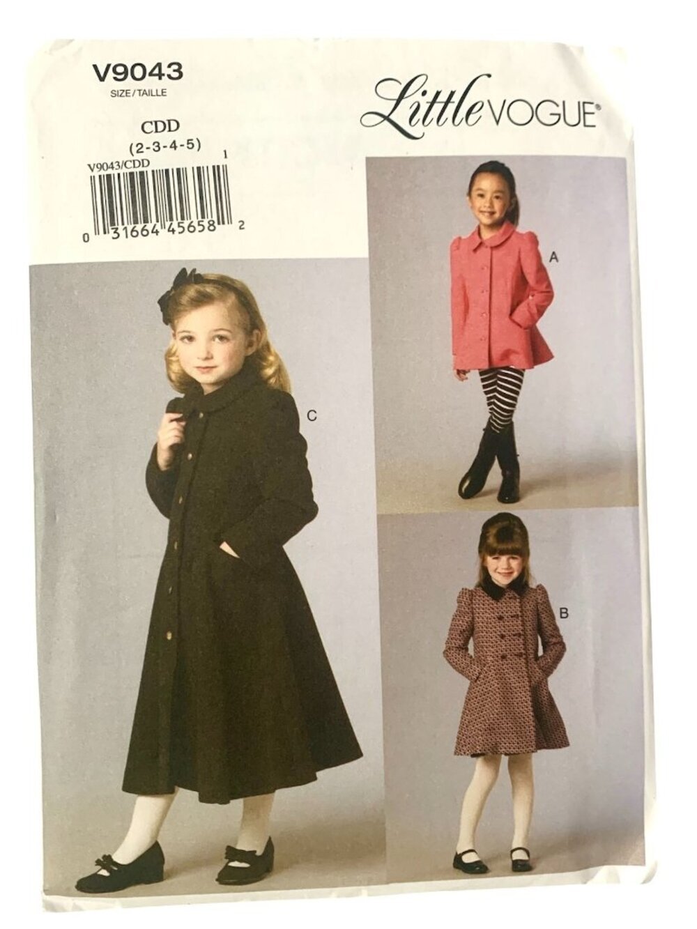 Little Vogue Sewing Pattern V9043 Girl's Fitted Coat & Jacket UNCUT Size 2 3 4 5